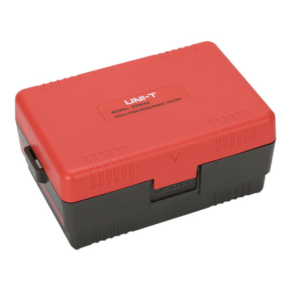 A red and black UNI-T UT501A insulation resistance tester box, shown at a three-quarter angle on a plain white background.
