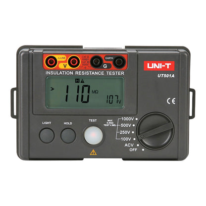 A UNI-T UT501A digital insulation resistance tester in dark gray plastic, featuring a backlit LCD screen, rotary switch, and test buttons on a white background.