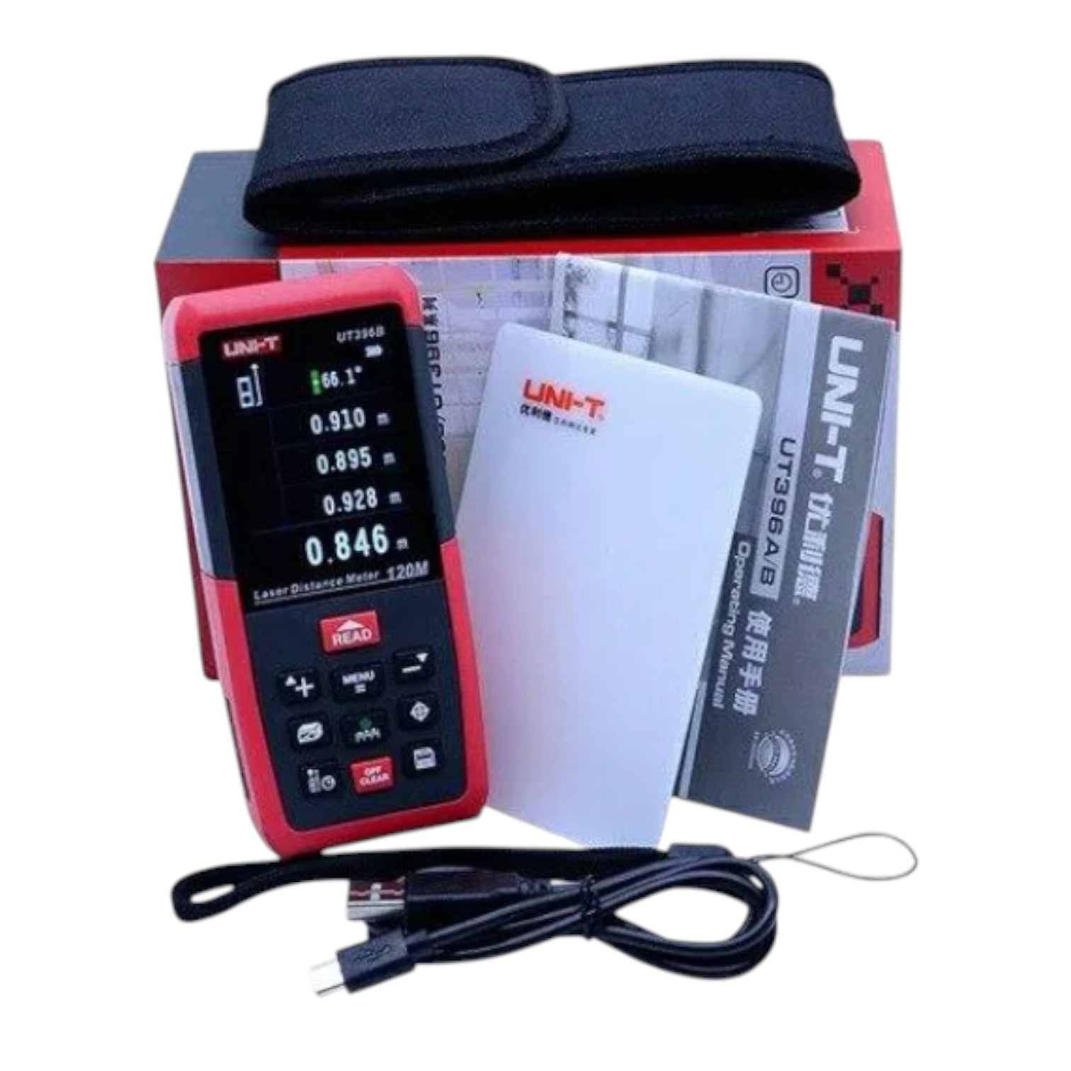 Red laser distance meter with accessories on a white background UNI-T Digital Laser Distance Measurement for Distance Area Volume UT-396A Max 80 Meters or UT-396B Max 120 Meters Electx Electrical Supply