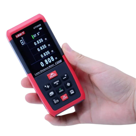 Hand holding a red and black laser distance meter with digital display on a white background UNI-T Digital Laser Distance Measurement for Distance Area Volume UT-396A Max 80 Meters or UT-396B Max 120 Meters Electx Electrical Supply