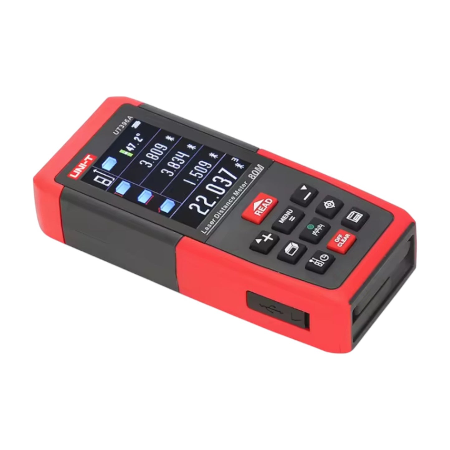 Red and black laser measuring device on a white background UNI-T Digital Laser Distance Measurement for Distance Area Volume UT-396A Max 80 Meters or UT-396B Max 120 Meters Electx Electrical Supply
