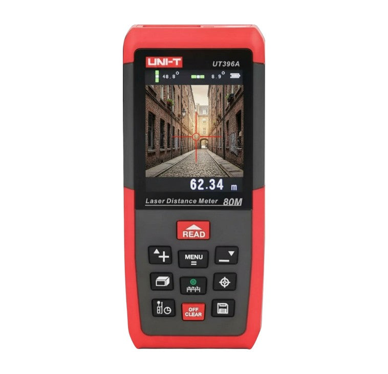 Red and black laser distance meter with digital display on a white background UNI-T Digital Laser Distance Measurement for Distance Area Volume UT-396A Max 80 Meters or UT-396B Max 120 Meters Electx Electrical Supply
