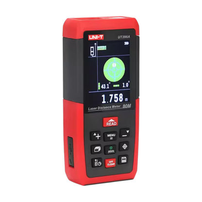 Red and black laser distance meter on a white background UNI-T Digital Laser Distance Measurement for Distance Area Volume UT-396A Max 80 Meters or UT-396B Max 120 Meters Electx Electrical Supply