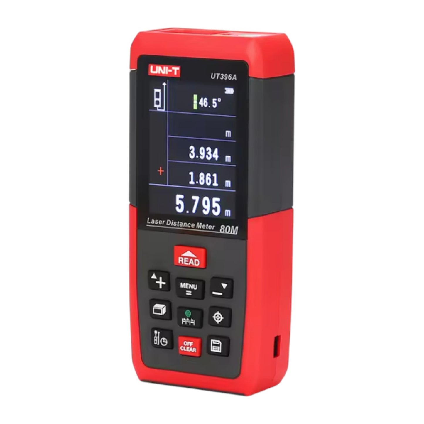 Red and black laser distance meter on a white background UNI-T Digital Laser Distance Measurement for Distance Area Volume UT-396A Max 80 Meters or UT-396B Max 120 Meters Electx Electrical Supply