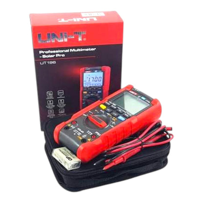 UNI-T UT186 Professional Multimeter Solar Pro in red and black, shown with its retail box, a black carrying case, test leads, and a small battery on a white background.