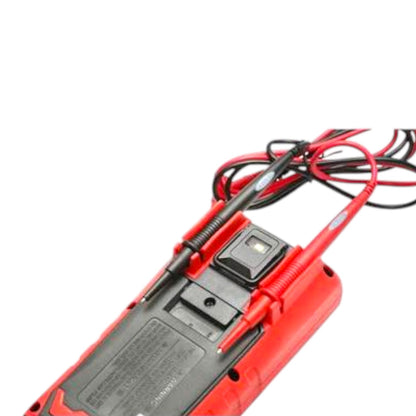A red and black multimeter with attached red and black test leads, photographed on a plain white background.