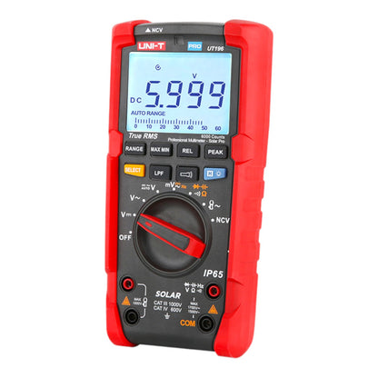 A UNI-T Pro digital multimeter with a red and black rugged casing, featuring a blue backlit LCD screen and a large rotary dial, shown on a solid white background.