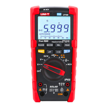 A UNI-T UT196 digital multimeter with a red and black body, featuring a color LCD screen showing a reading of 5.999 V and a large rotary dial on the front.