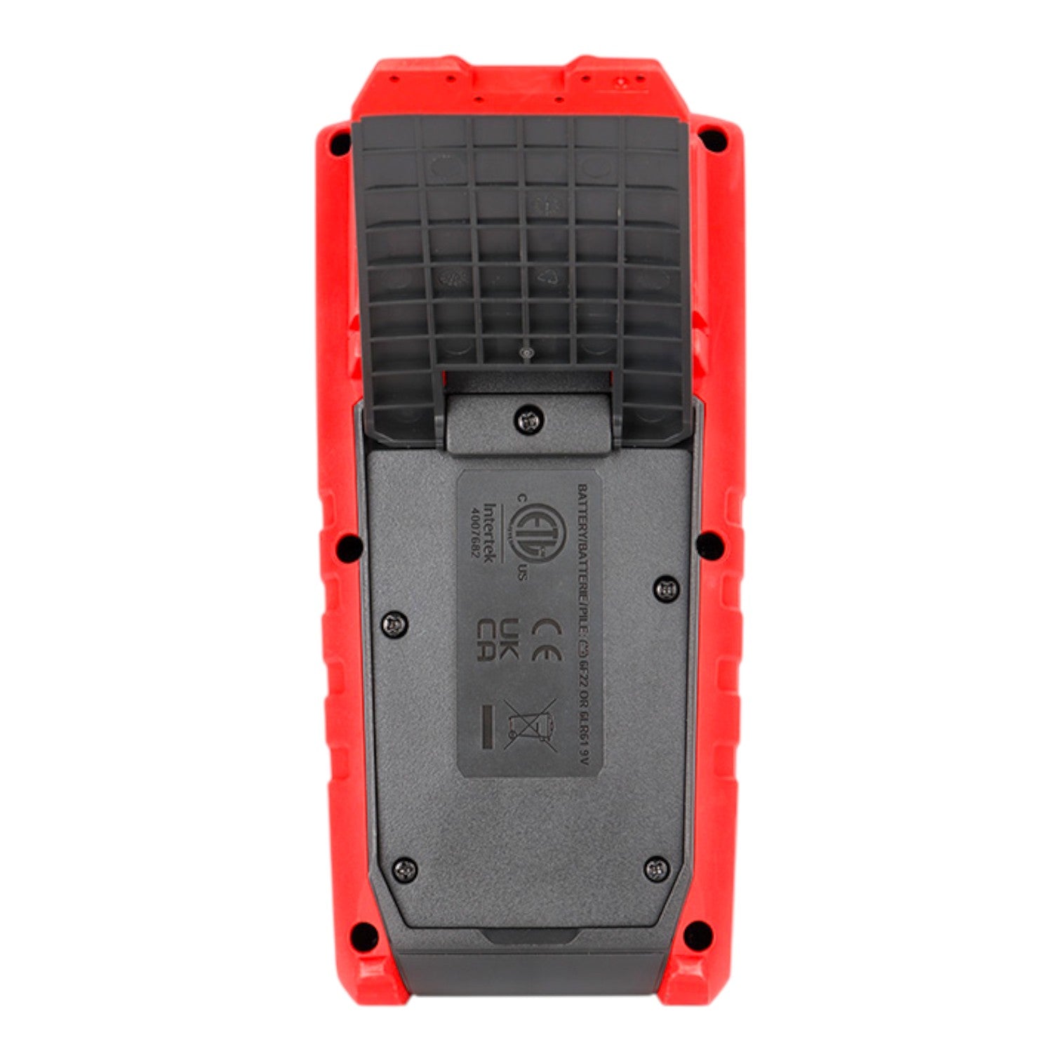 The bottom view of a red and gray rugged handheld electronic device, showing screws, a textured grip, and certification labels on a white background.