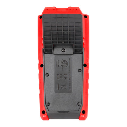 The bottom view of a red and gray rugged handheld electronic device, showing screws, a textured grip, and certification labels on a white background.