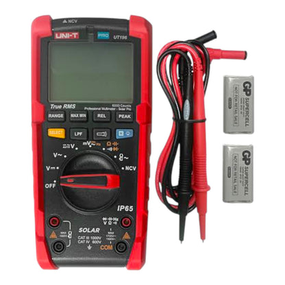 UNI-T UT956 solar digital multimeter with red and black test leads and two silver batteries, shown on a white background.