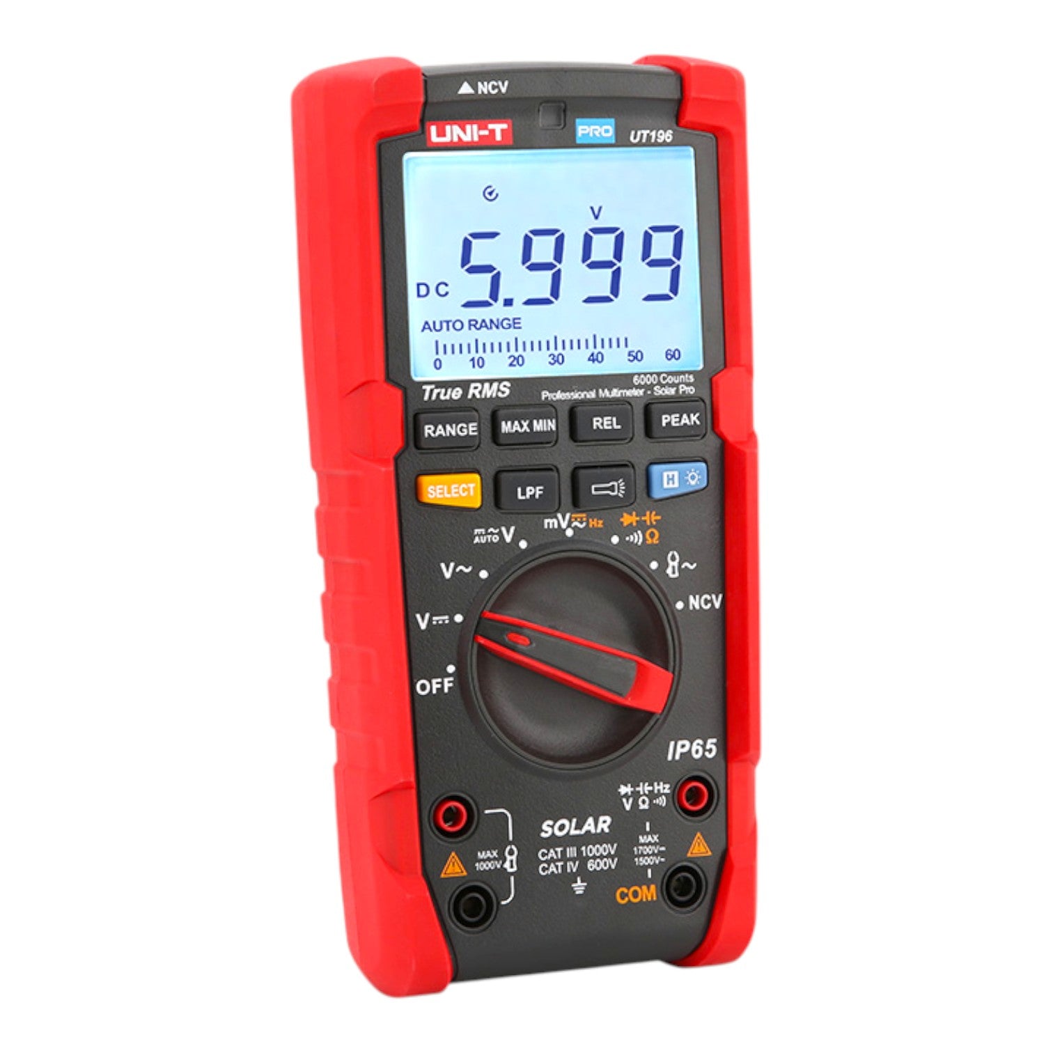 A handheld digital multimeter with a red protective casing and a black faceplate, featuring a blue backlit LCD screen and a rotary dial, shown on a plain white background.