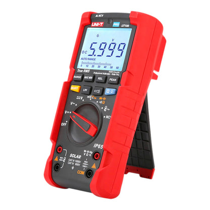 A red and black UNI-T multimeter with a digital LCD screen, shown standing on its front kick against a plain white background.