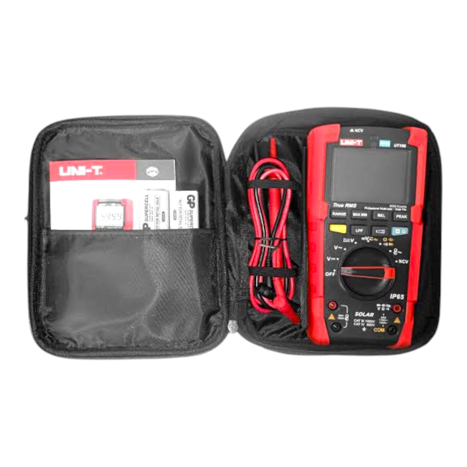 A red and black UNI-T multimeter shown inside an open black zippered carrying case, with the test leads and manual visible in the pockets.