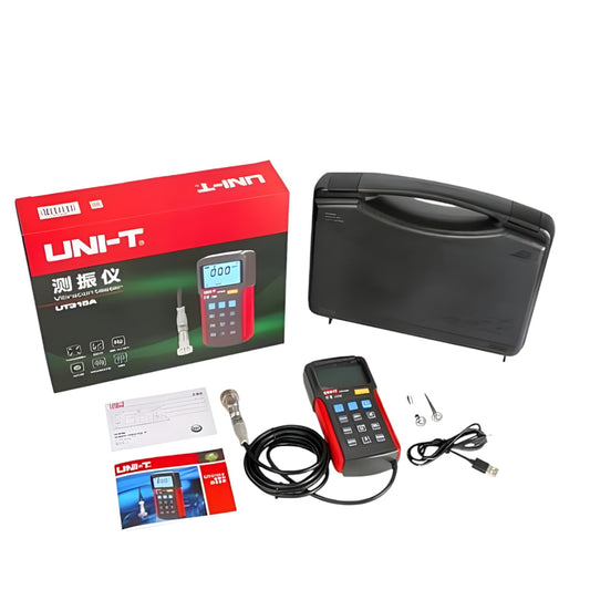 UNI-T digital device with packaging, case, and accessories on a white background UNI-T Digital Vibration Tester with USB UT-315A Velocity 0.01 to 19.99cm/s Acceleration 0.1 to 199.9 m/s Electx Electrical SUpply
