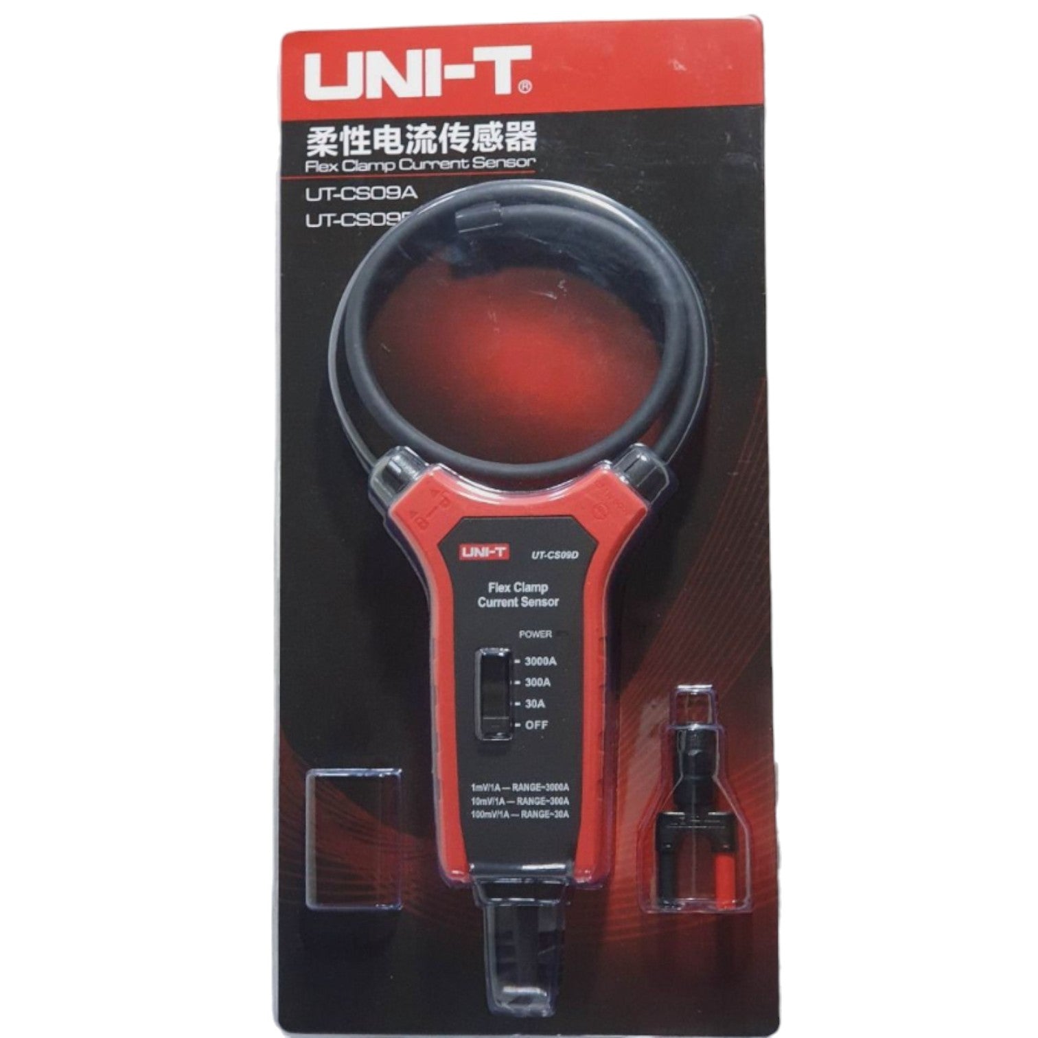 Packaged UNI-T flexible current sensor with clear window on black background UNI-T Flexible Clamp Sensor UTCS09D Max Capacity Range 3000A Electx Electrical Supply