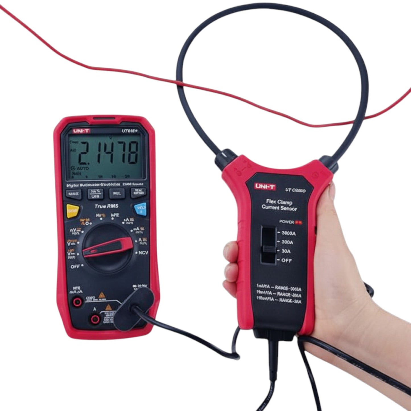 Digital multimeter with current sensor held by a hand on a white background UNI-T Flexible Clamp Sensor UTCS09D Max Capacity Range 3000A Electx Electrical Supply