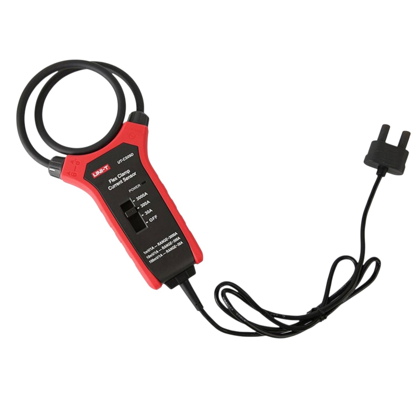 Red and black clamp meter with digital display on a white background UNI-T Flexible Clamp Sensor UTCS09D Max Capacity Range 3000A Electx Electrical Supply