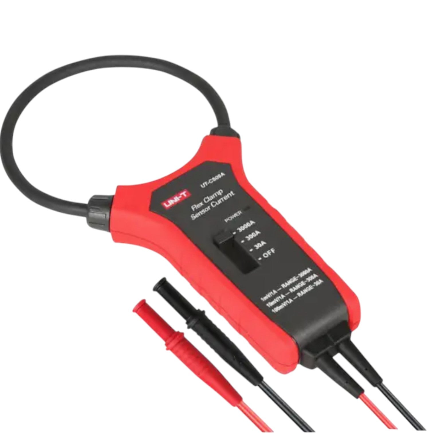 Red and black clamp meter with probes on a white background UNI-T Flexible Clamp Sensor UTCS09D Max Capacity Range 3000A Electx Electrical Supply