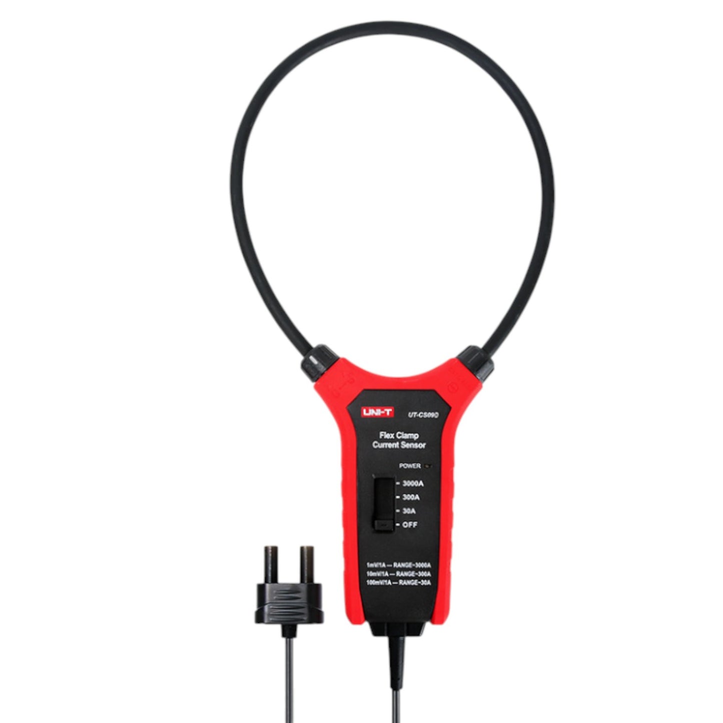 Red and black current sensor with cable on a white background UNI-T Flexible Clamp Sensor UTCS09D Max Capacity Range 3000A Electx Electrical Supply