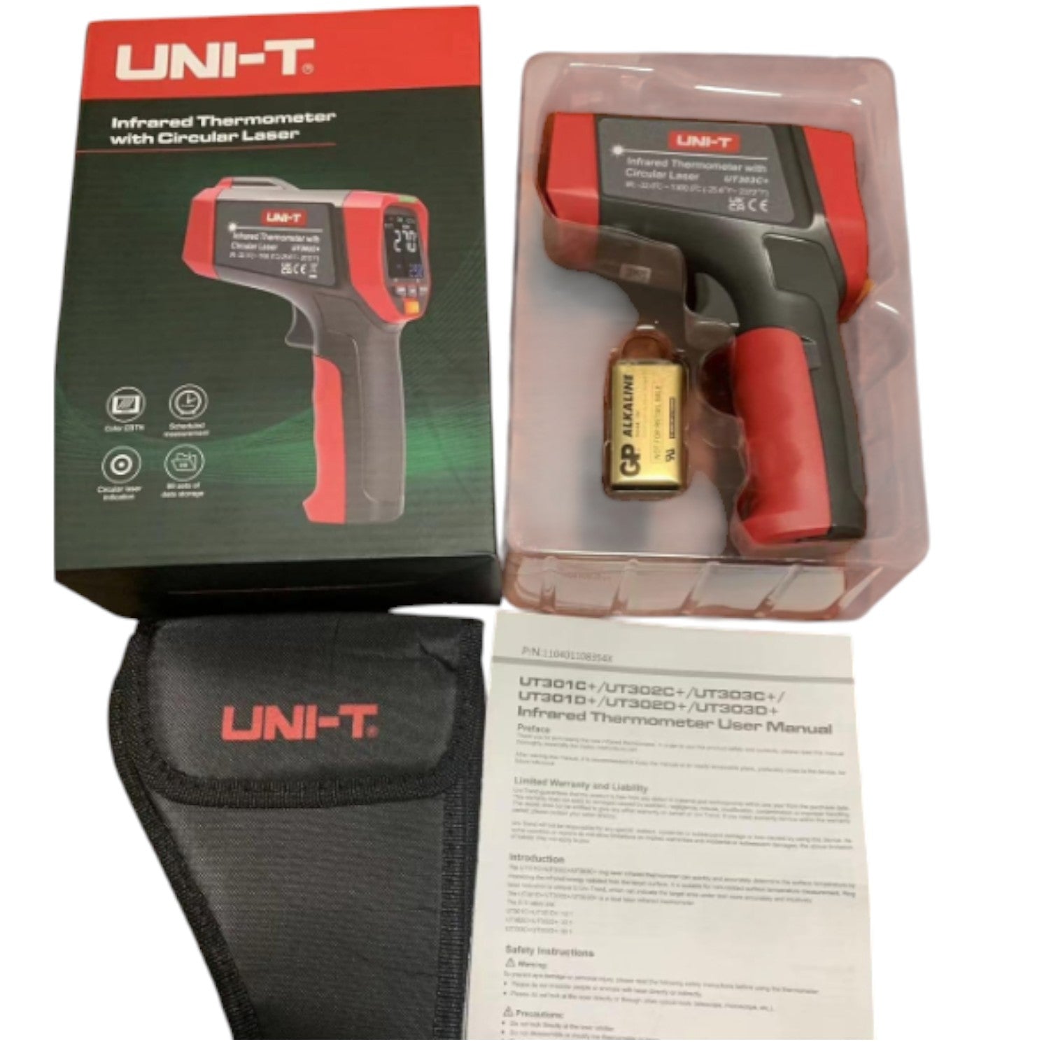 UNI-T infrared thermometer with packaging, battery, and user manual on a white background UNI-T Infrared Laser Temperature Tester UT303A+ Max 32 to 800 Celsius or 25.6 to 1472 Fahrenheit Infrared Thermometer Electx Electrical SUpply