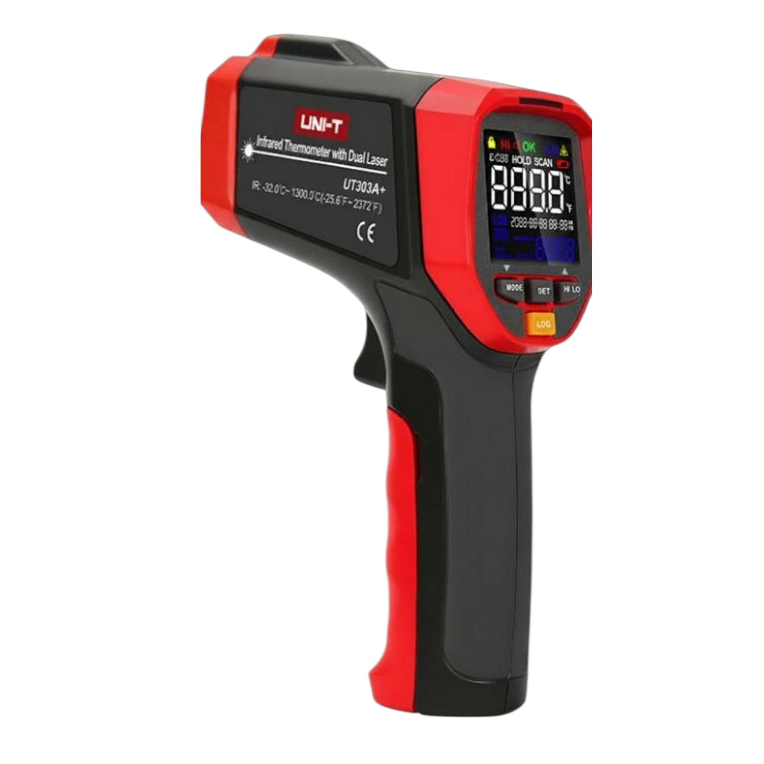 Infrared thermometer with dual laser on a white background UNI-T Infrared Laser Temperature Tester UT303A+ Max 32 to 800 Celsius or 25.6 to 1472 Fahrenheit Infrared Thermometer Electx Electrical SUpply