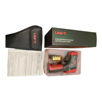 Infrared thermometer with packaging and accessories on a white background UNI-T Infrared Laser Temperature Tester UT303A+ Max 32 to 800 Celsius or 25.6 to 1472 Fahrenheit Infrared Thermometer Electx Electrical SUpply