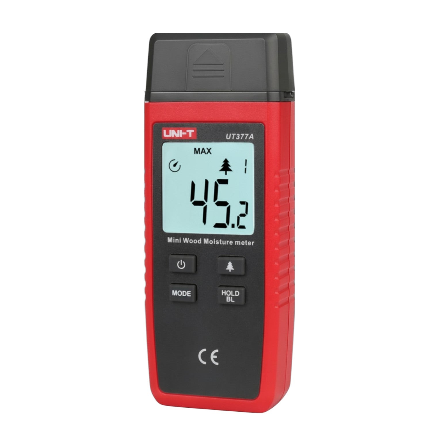 Red and black moisture meter with digital display on a white background UNI-T Mini Digital Wood Moisture Tester UT377A with LCD Display Applicable for 4 Types of Wood Batteries not Included 3pcs AAA Electx Electrical SUpply