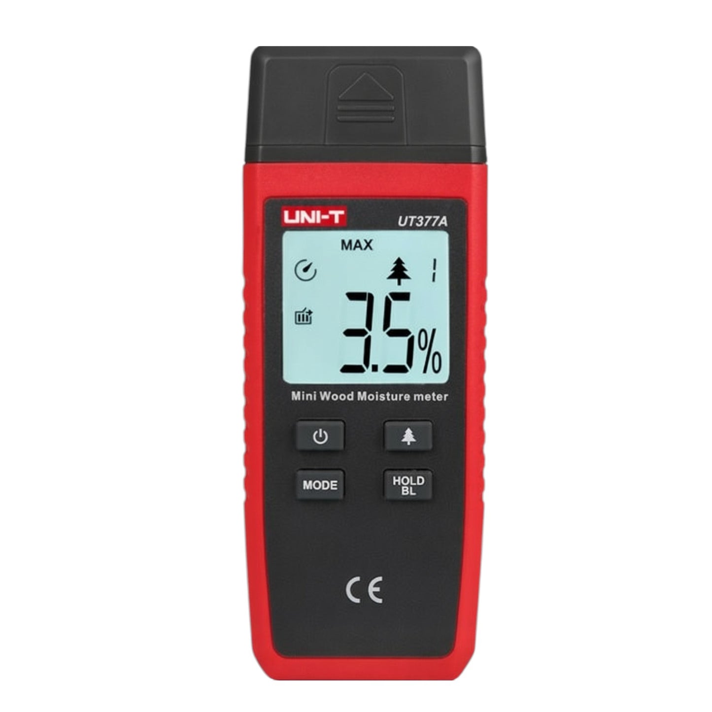 Red and black UNI-T moisture meter on a white background UNI-T Mini Digital Wood Moisture Tester UT377A with LCD Display Applicable for 4 Types of Wood Batteries not Included 3pcs AAA Electx Electrical SUpply