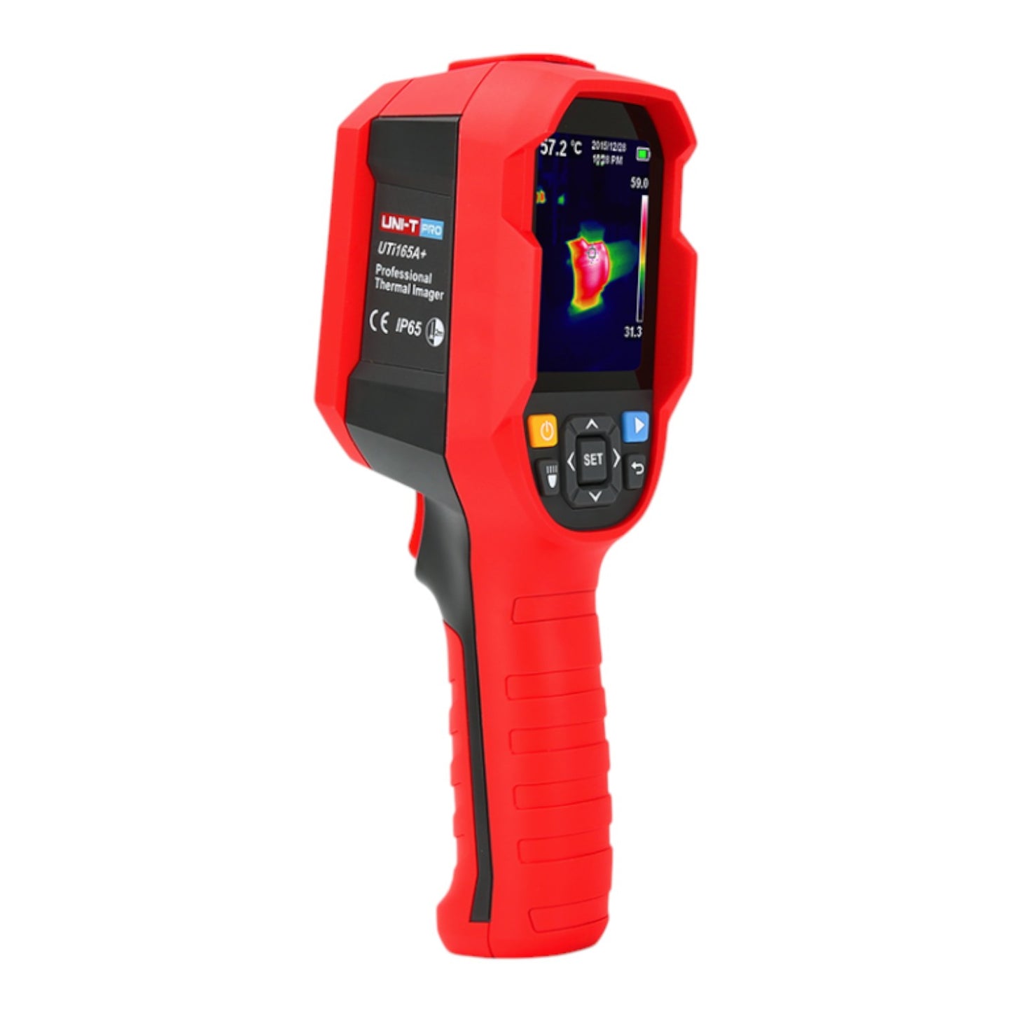 A handheld thermal infrared thermometer by LIN-PT, featuring a bright red and black body with a color display screen showing a thermal reading.