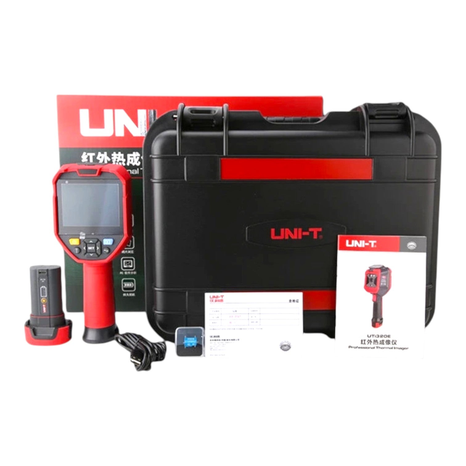 UNI-T infrared thermal imaging tool kit with a handheld red-and-black device, hard carrying case, battery, cable, and documentation on a white background.