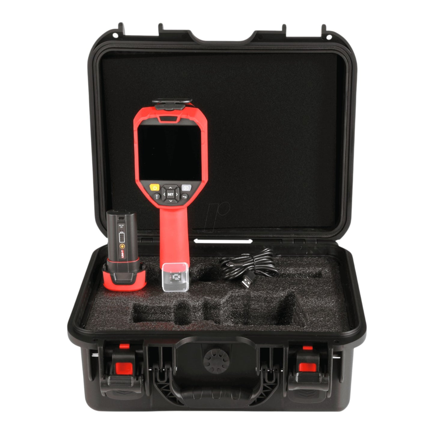 An open black hard carrying case displaying a red handheld inspection tool with a screen, a small cylindrical accessory, and a coiled cable inside foam-lined compartments, on a white background.