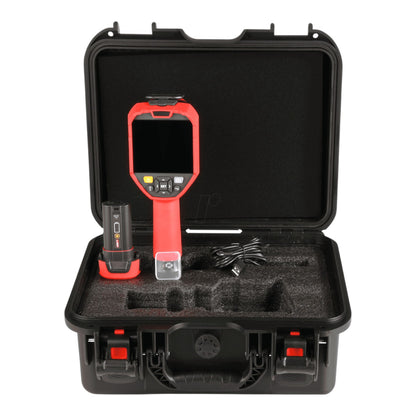 An open black hard carrying case displaying a red handheld inspection tool with a screen, a small cylindrical accessory, and a coiled cable inside foam-lined compartments, on a white background.