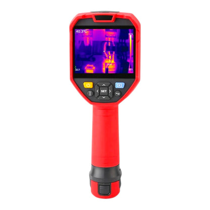 A handheld thermal infrared thermometer with a red handle and protective casing, featuring a screen displaying a heat map and control buttons below.