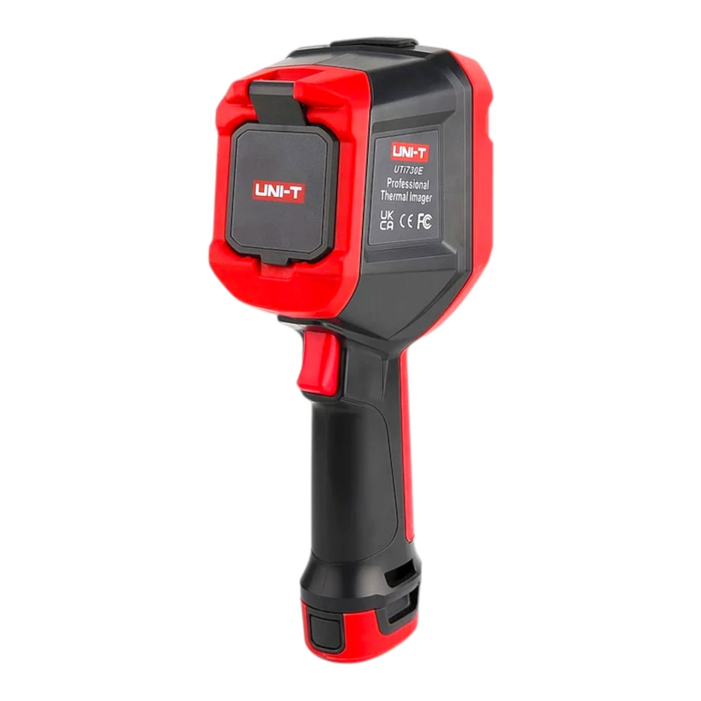 A red and black UNI-T LT7200 thermal imaging gun with a battery pack, shown on a solid white background.