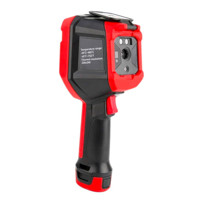 A handheld thermal infrared thermometer with a red and black body, shown from a three-quarter angle on a solid white background.