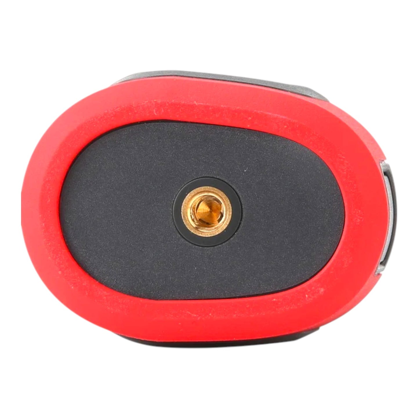 Close-up of the back of an oval electronic device with a red outer frame, black center panel, and a gold metal connector in the middle, shown on a white background.
