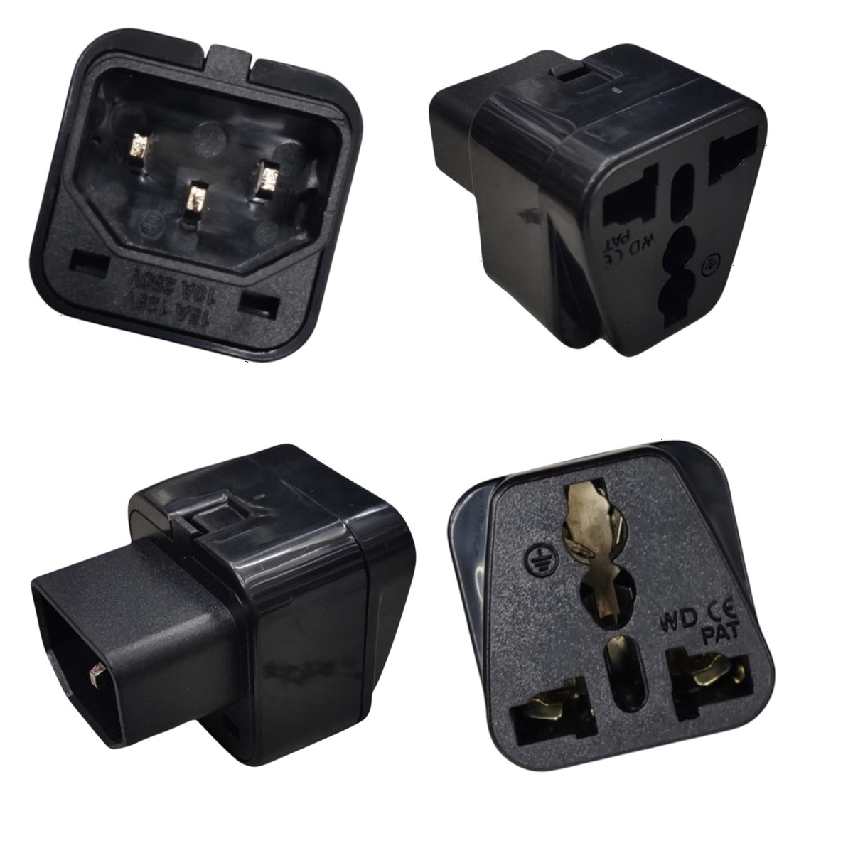 Black plastic CEE wall plug adapter shown from four angles on a white background, displaying the three-pin plug insert, three-pin female socket, three-pin male plug, and internal socket contacts.