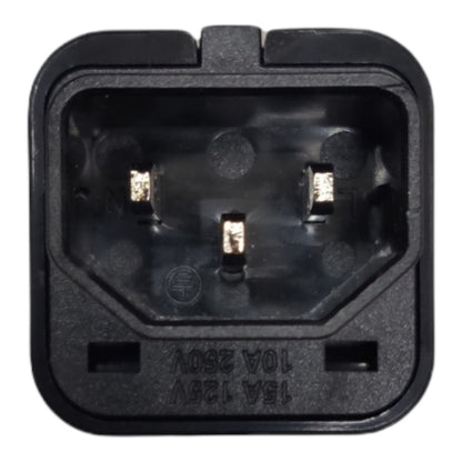 A close-up of a black plastic electrical plug socket with three metal pins visible inside, shown on a plain white background.