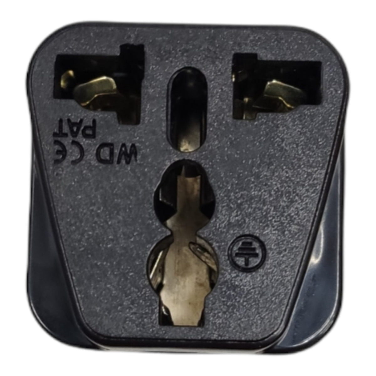 A UK three-pin BS 13A wall plug adapter with a textured black plastic body and brass-colored metal pins, shown against a plain white background.