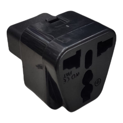 A black plastic multi-socket travel adapter plug on a plain white background.