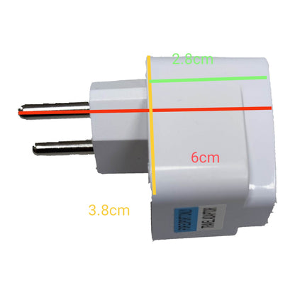 White electrical plug with measurements indicated on a white  Universal Travel Adaptor to Type C Plug with Extension, Adaptor for South America, Asia and Europe Electx Electrical Supplybackground