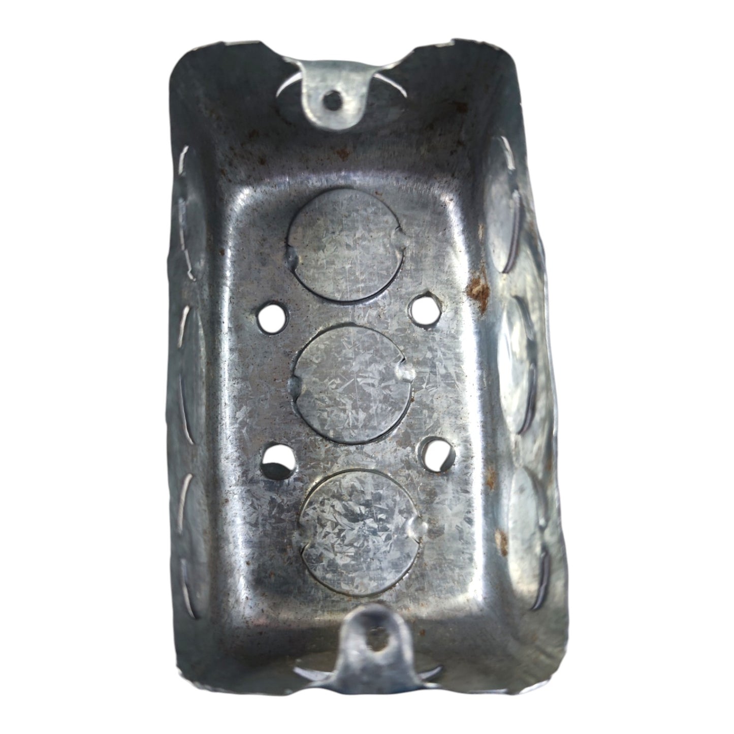 Galvanized metal electrical junction box with pre-drilled holes and circular screw terminals, shown on a plain white background.
