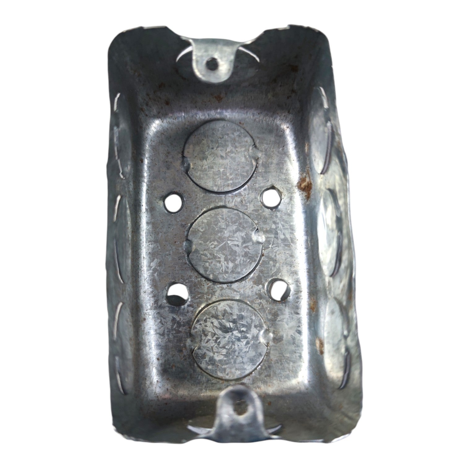 Galvanized metal electrical junction box with pre-drilled holes and circular screw terminals, shown on a plain white background.