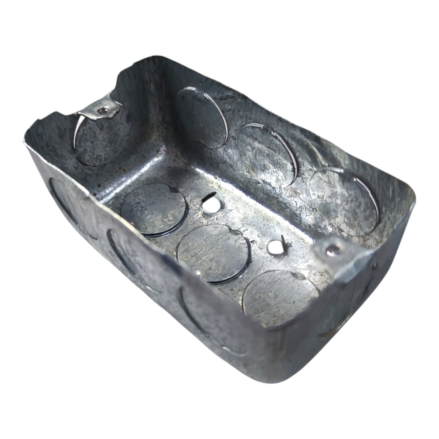 A galvanized steel electrical junction box with pre-drilled circular terminal holes, shown on a plain white background.