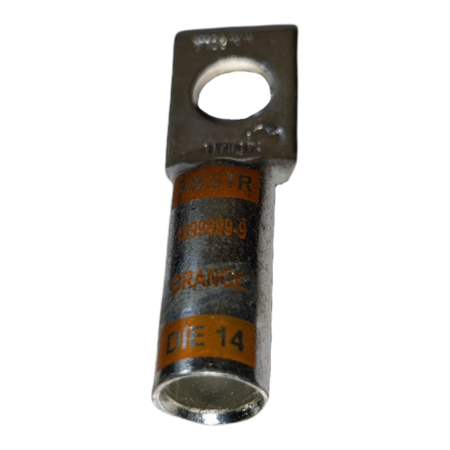Metal electrical connector with orange label on a white background