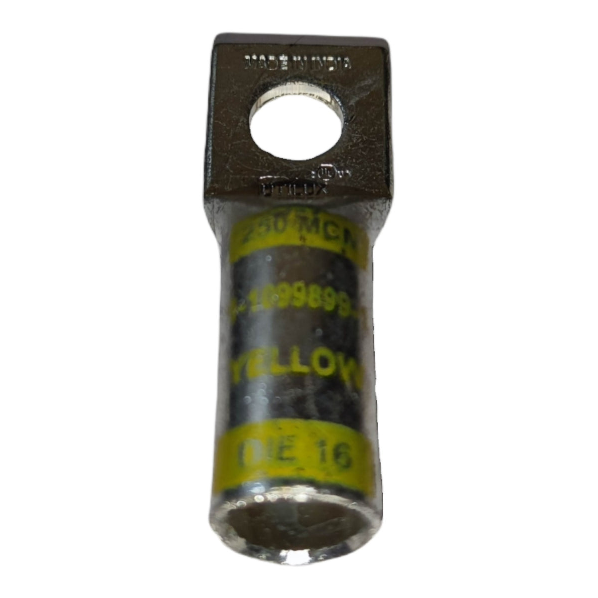 Electrical connector with yellow labels on a white background