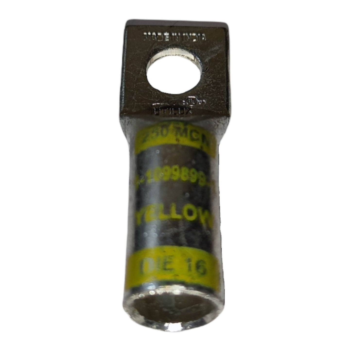 Electrical connector with yellow labels on a white background