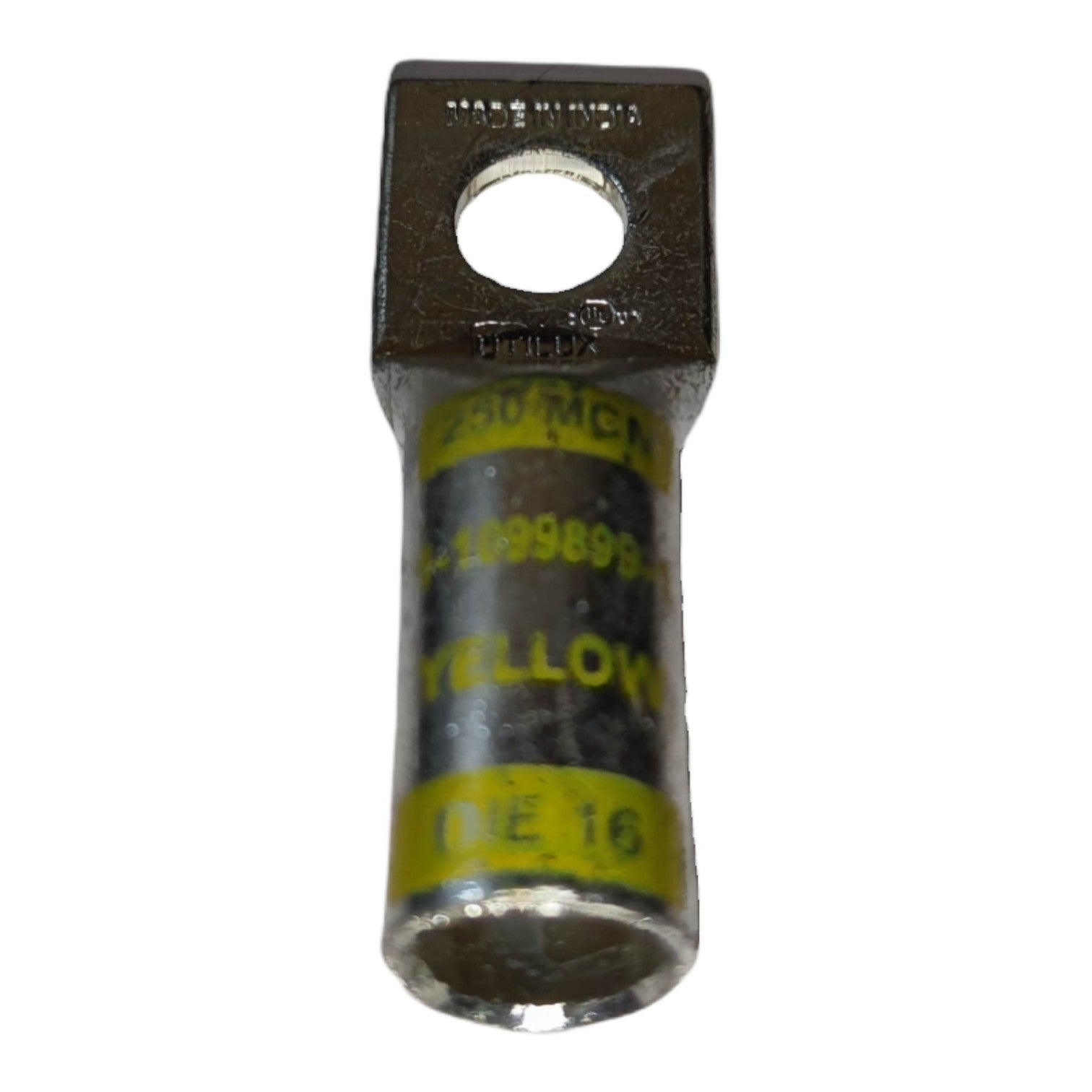 Electrical connector with yellow labels on a white background
