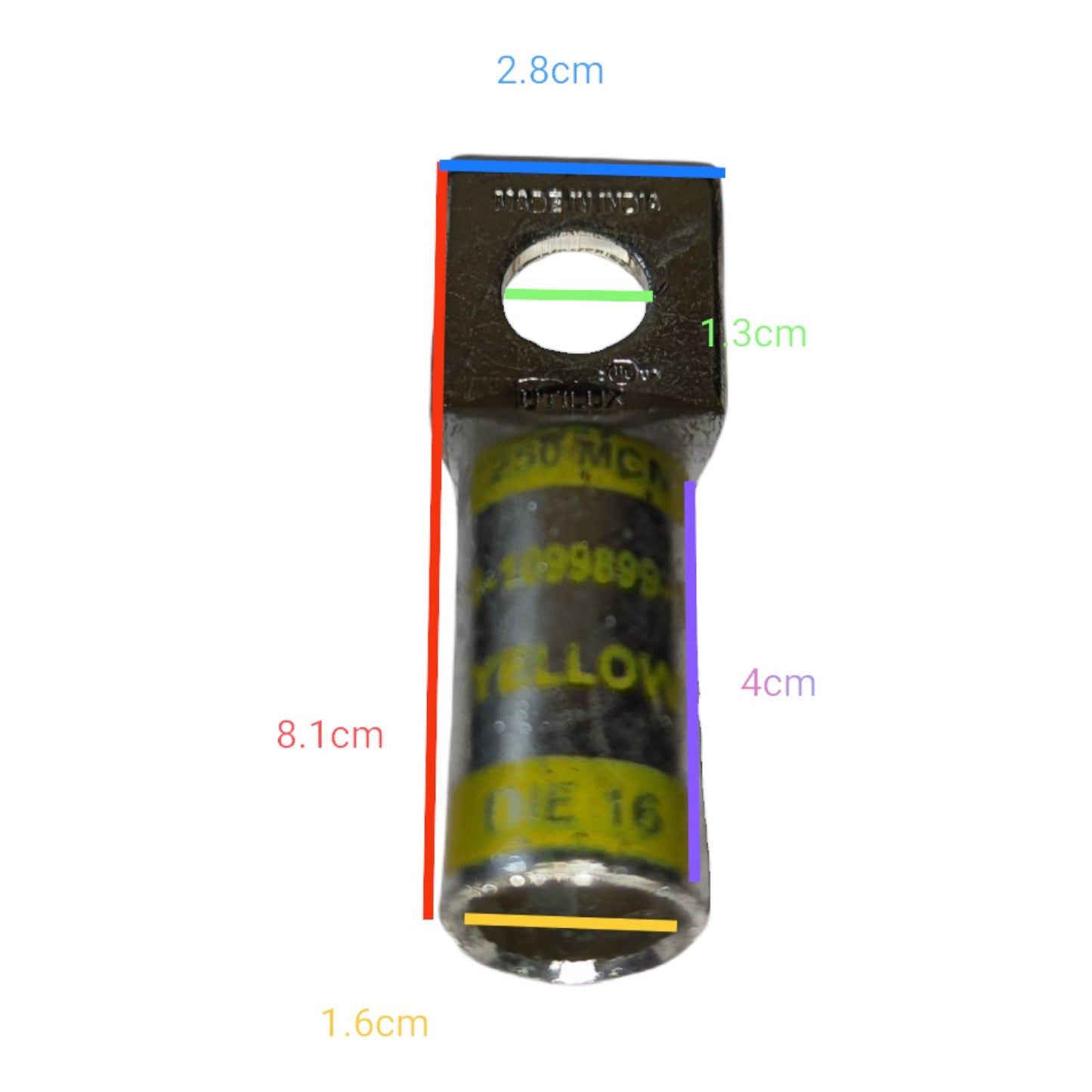 Measurement chart with a cylindrical object labeled 'Yellow' and dimensions marked on a white background.